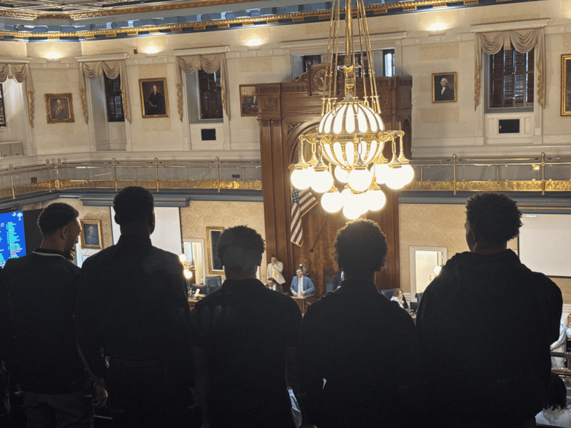 Boys NAHS basketball players standing and being recognized in by the House.