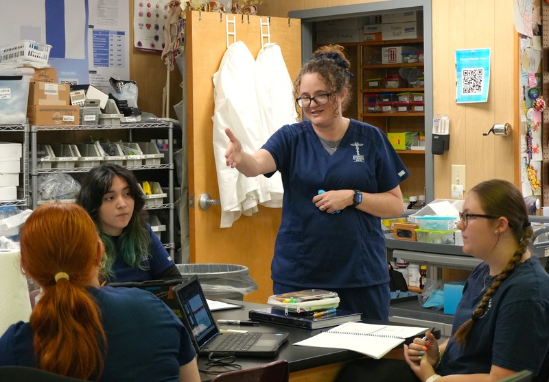 Dr. Palladino engages with students in a classroom.
