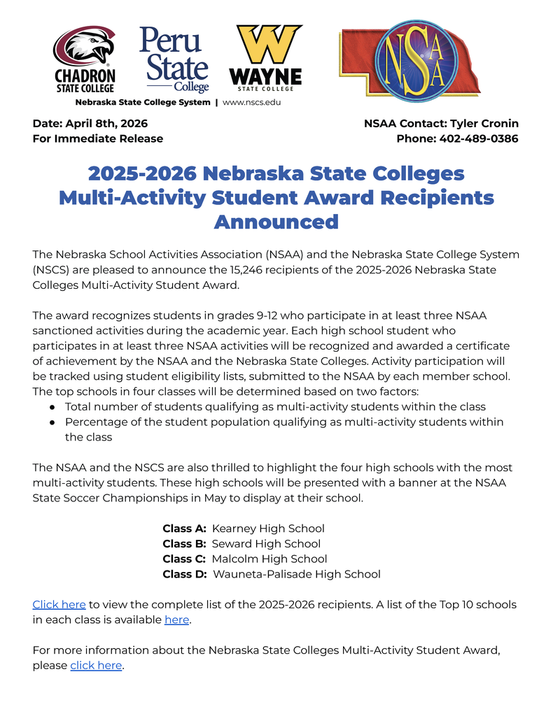 📣 Congratulations to the 2025-2026 Nebraska State College System Multi-Activity Student Award recipients!
