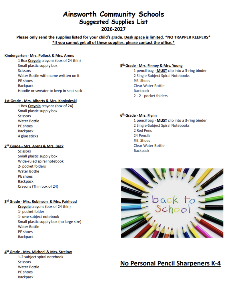 ACS School supply list