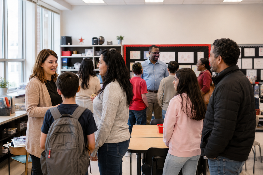 families mingling in a classroom