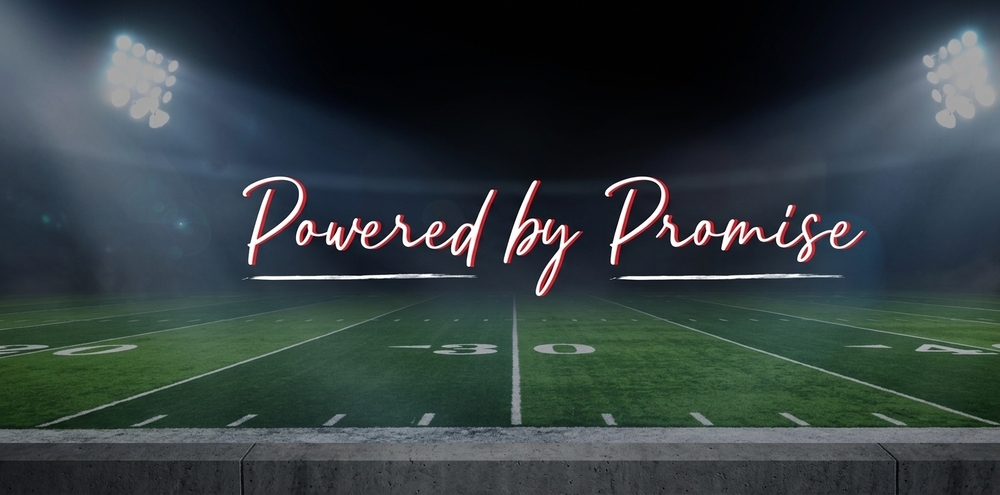 powered by promise words over a football field
