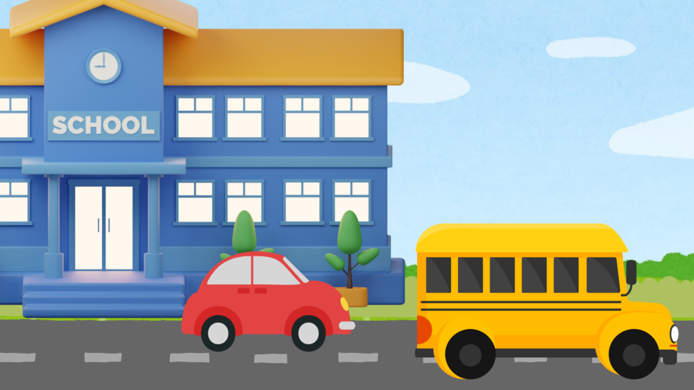 front of school with car and school bus driving away