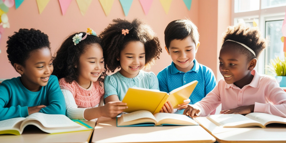 FIVE STUDENTS SMILING AND reading in indoor setting