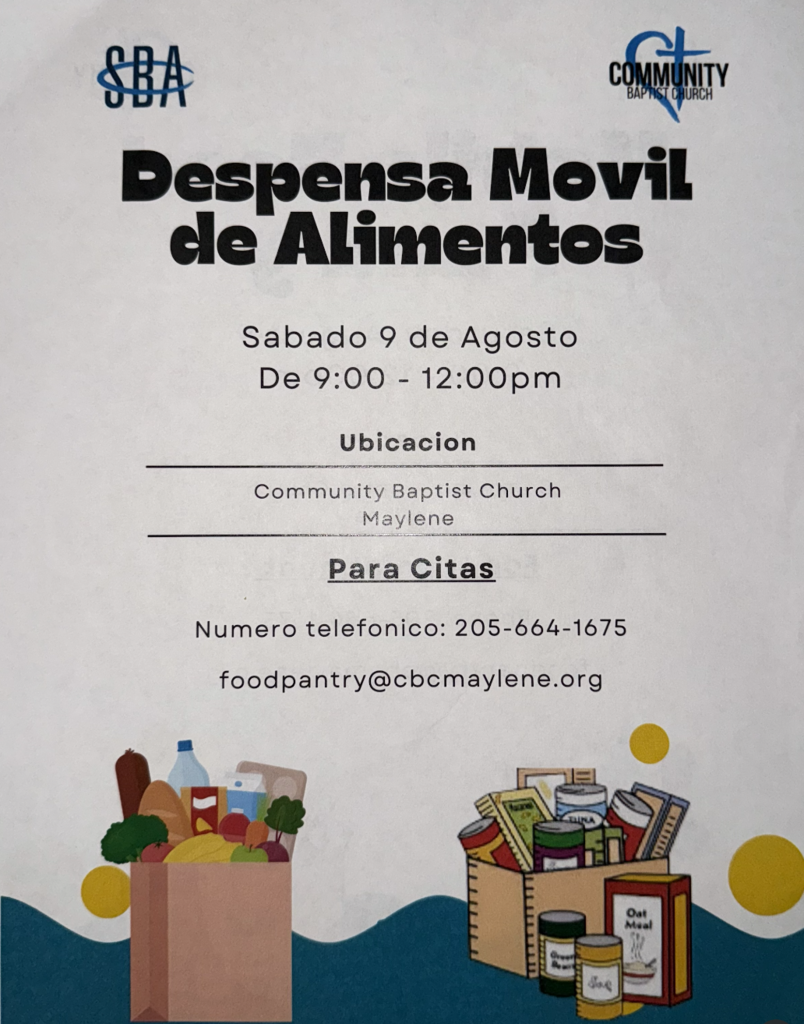 mobile food pantry 9-12 pm on august 6th at community baptist in Maylene
