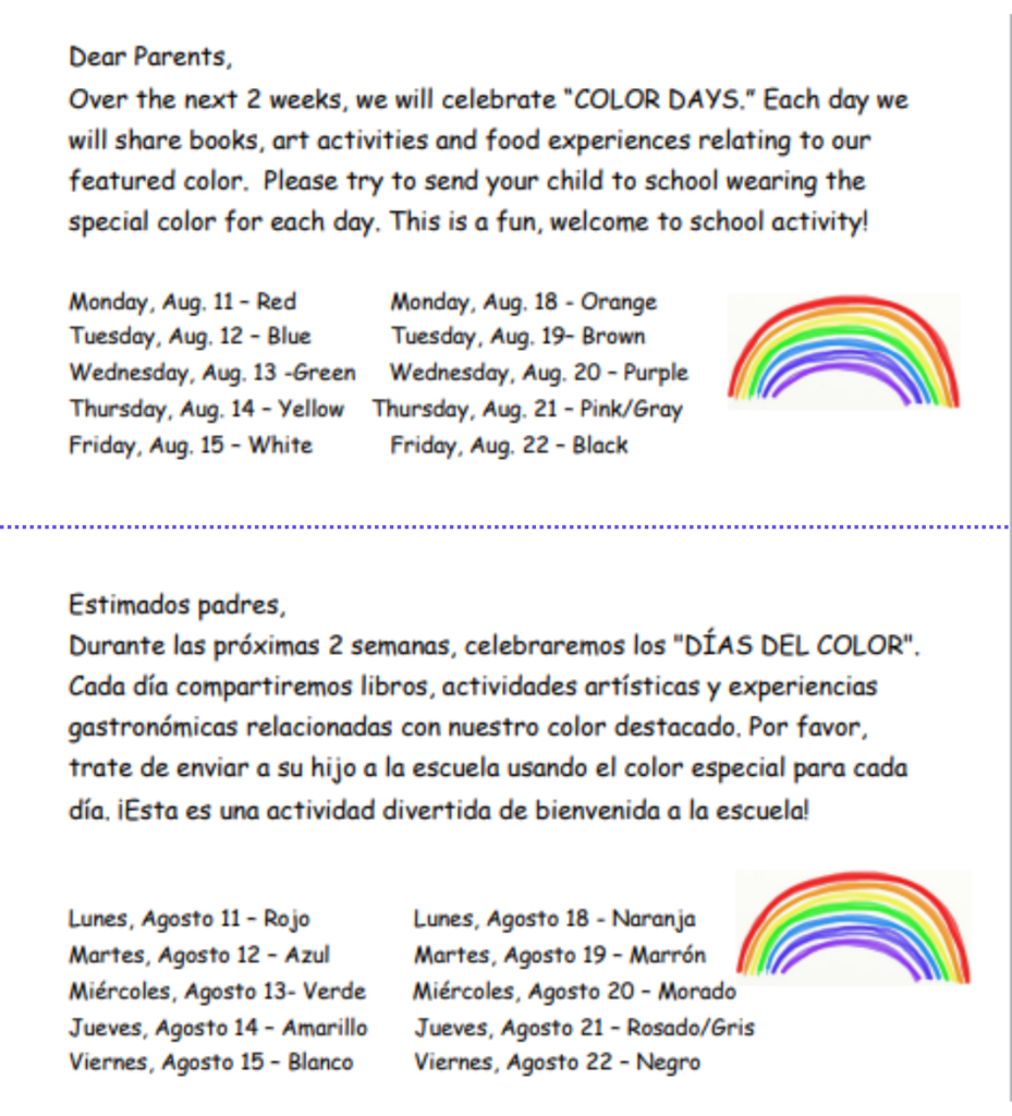 flyer announcing to wear different colors for the next 2 weeks 