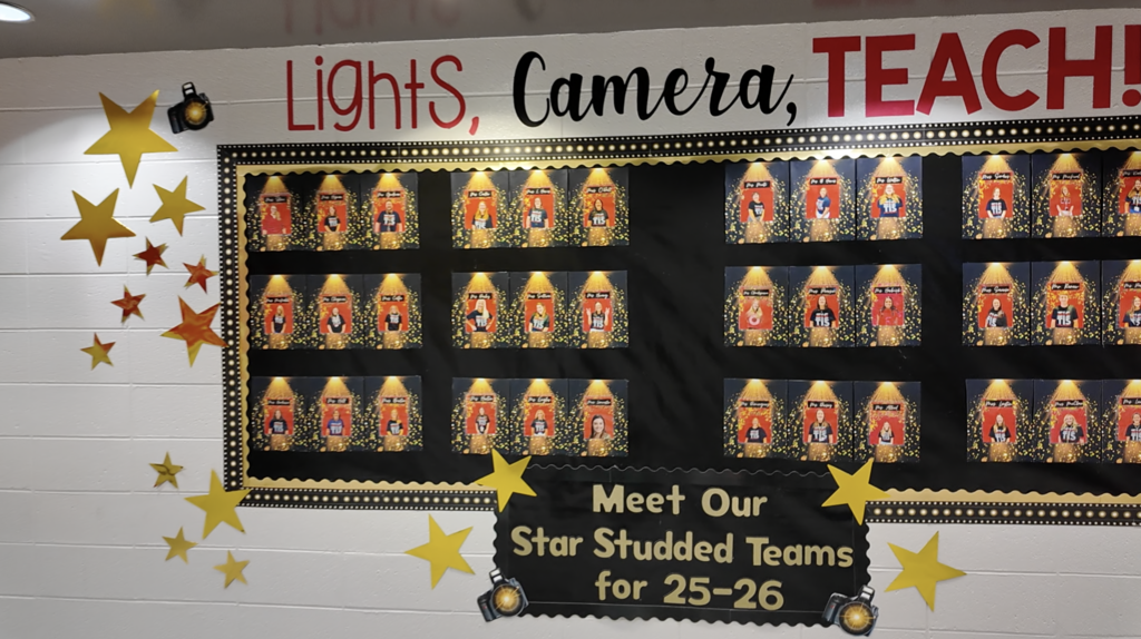 fun bulletin board that says "Lights, Camera, TEACH!"