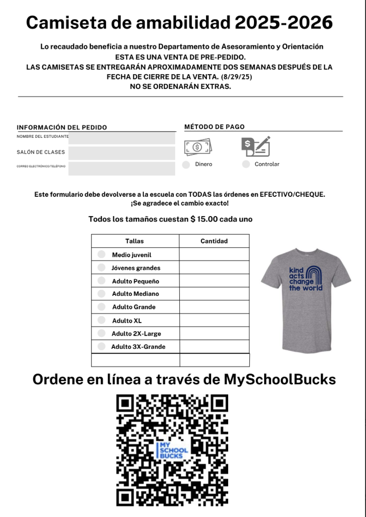 Spanish Kindness shirt order form- contact office for info