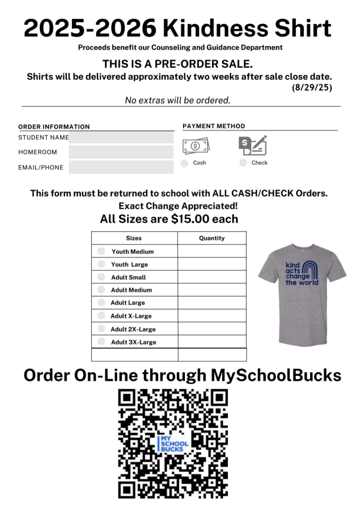 Kindness shirt order form- contact office for info