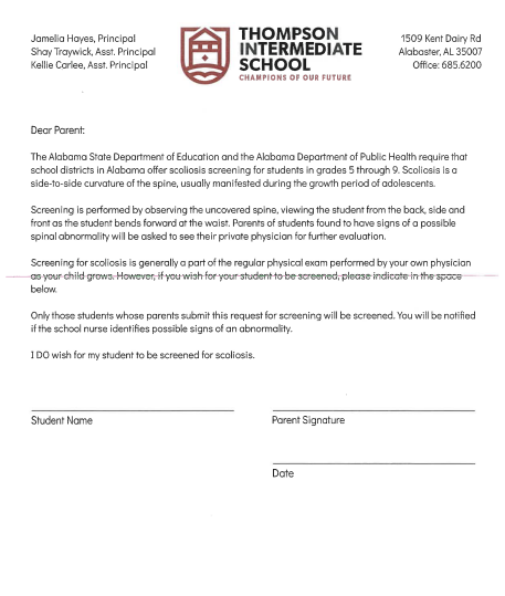 scoliosis screening opt in. contact the office for form to fill out