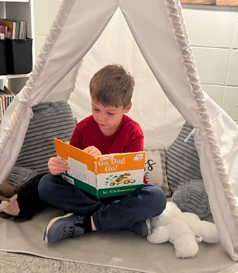 little boy reading in tent