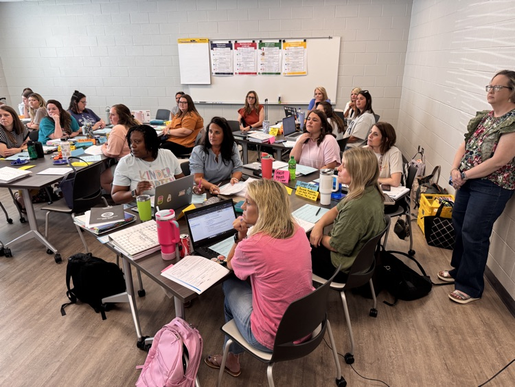Wide angle, shot of teachers collaborating working on math instruction