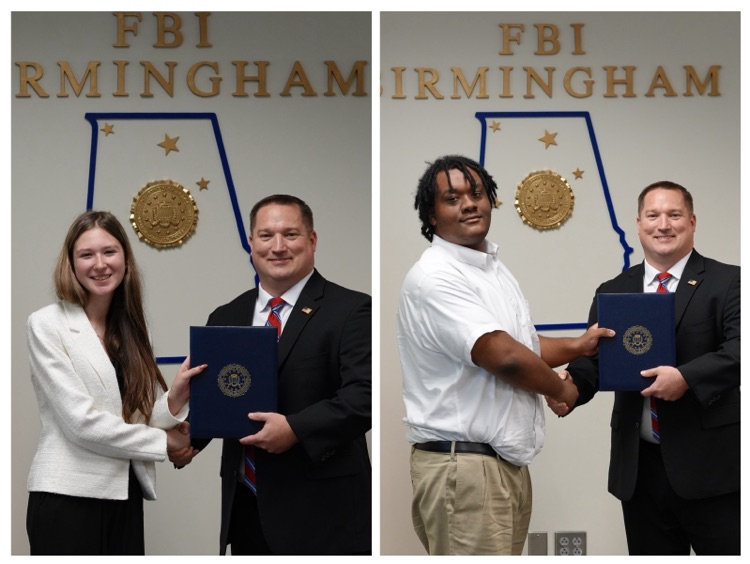 two photos side-by-side left photo has female student write photo has male student both shaking the hand of the same person at the FBI with “FBI Birmingham“ on wall behind them 