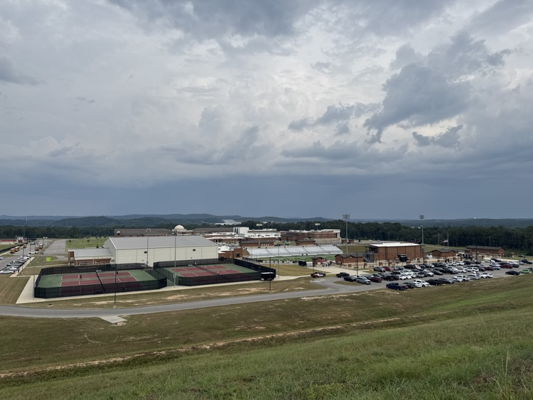 Wide shot of Thompson High School from above