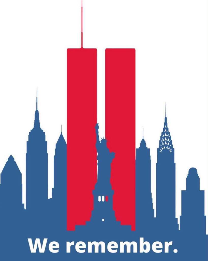 red and blue silhouette of NYC skyline with World Trade Center towers in red and the words "We remember." at bottom center