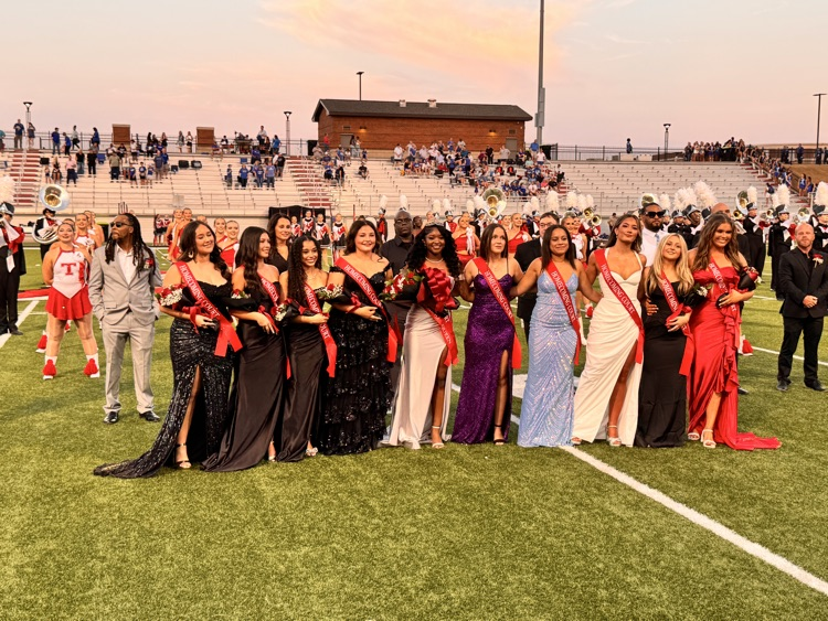 Group of about 10 girls in gowns for