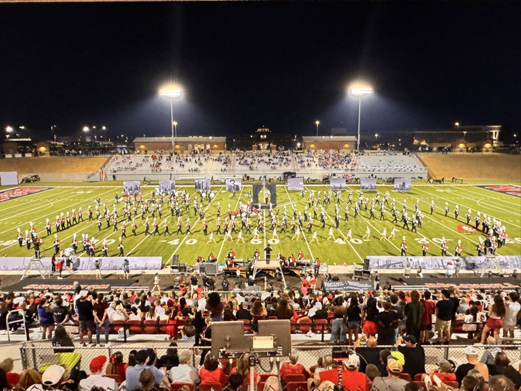 White angle shot of a stadium with a band
