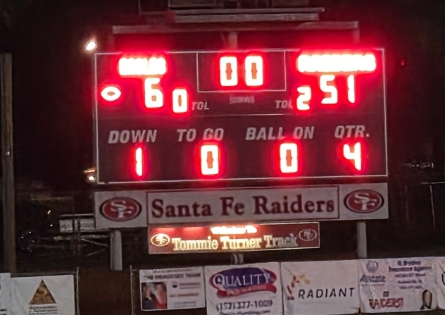 Raider scoreboard showing 51 to 6 victory