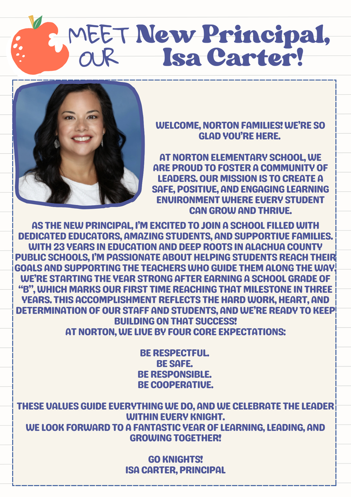 Principal, Isa Carter - welcome to Norton message