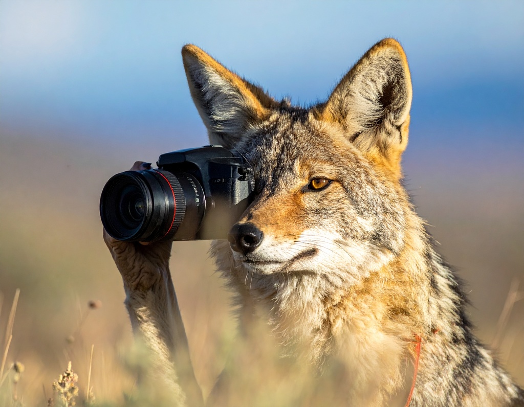 Coyote taking a picture with a camera