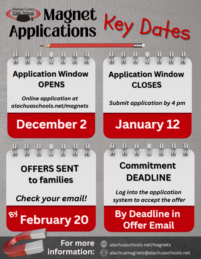 Key Dates for Magnet Programs. More details can be found at alachuaschools.net/magnets