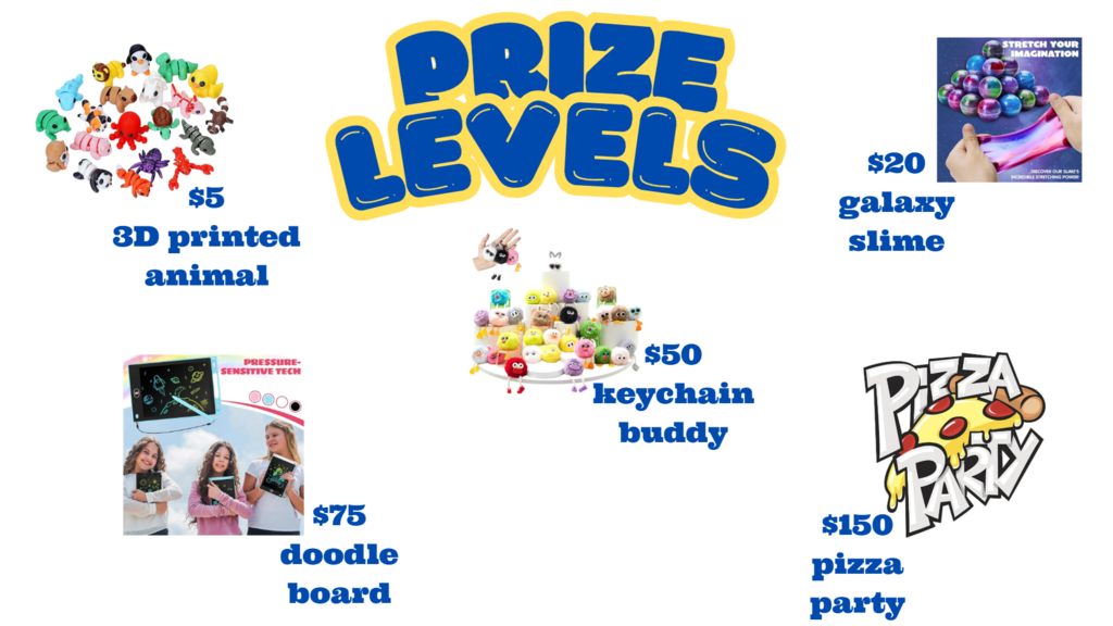 Prize Levels for the fundraiser include: $5 3D printed animal, $20 galaxy slime, $50 keychain buddy, $75 doodle board, and $150 pizza party.