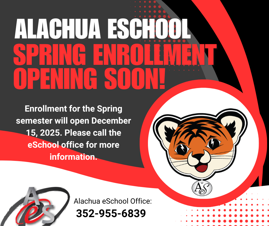 Red, black, white poster with spring enrollment date of 12/15/25.