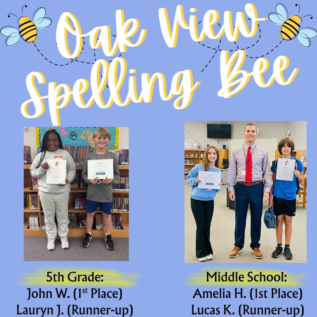 Oak View Spelling Bee winners and runners-up of the 25-26 school year. 