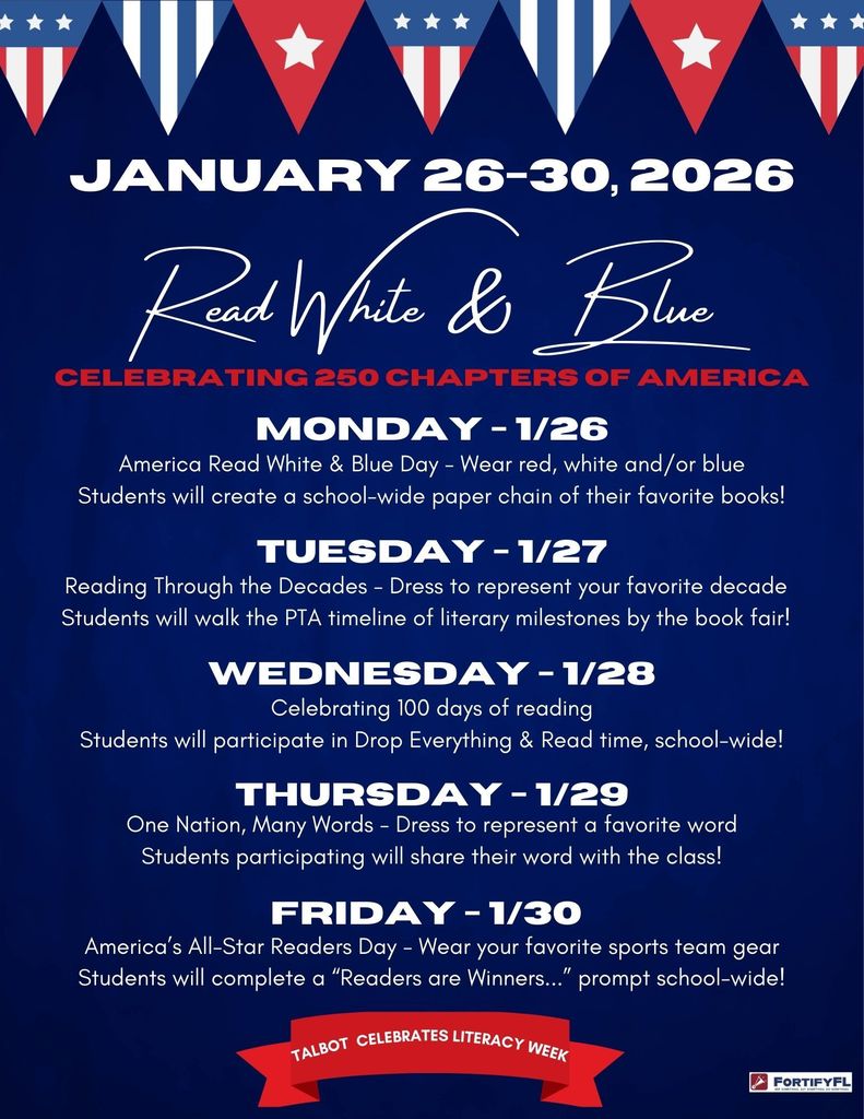 Talbot 25-26 Literacy Week Flyer - Read, White and Blue