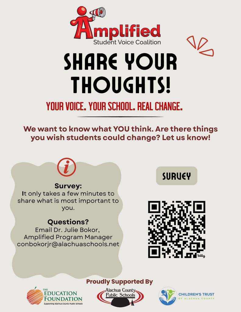 Flyer with the Amplified logo and QR code for the Student Voice Survey. Questions? conbokorjr@gm.sbac.edu