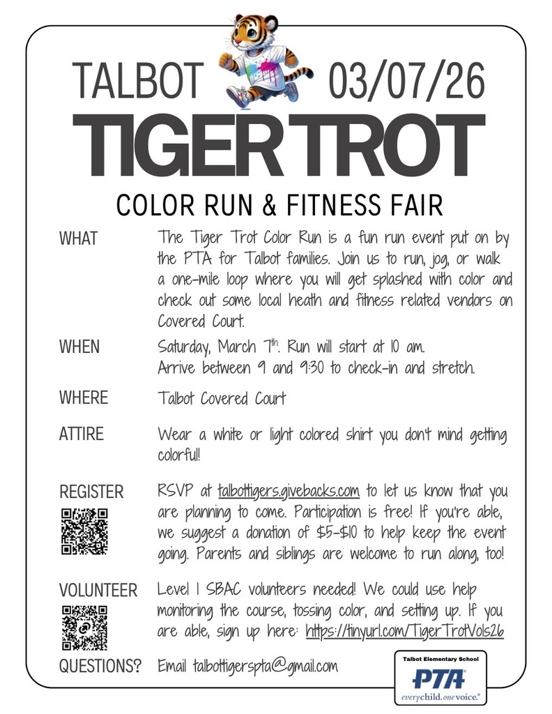February Fitness Bingo & Tiger Trot Flyer 2026