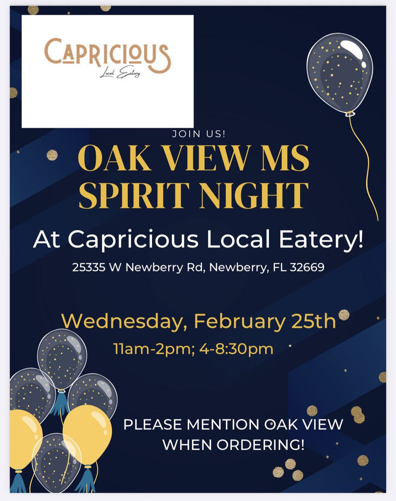 Oak View Spirit Night! Feb 25th from  11am-2pm and 4-8:30pm. Please mention Oak View when Ordering. 
