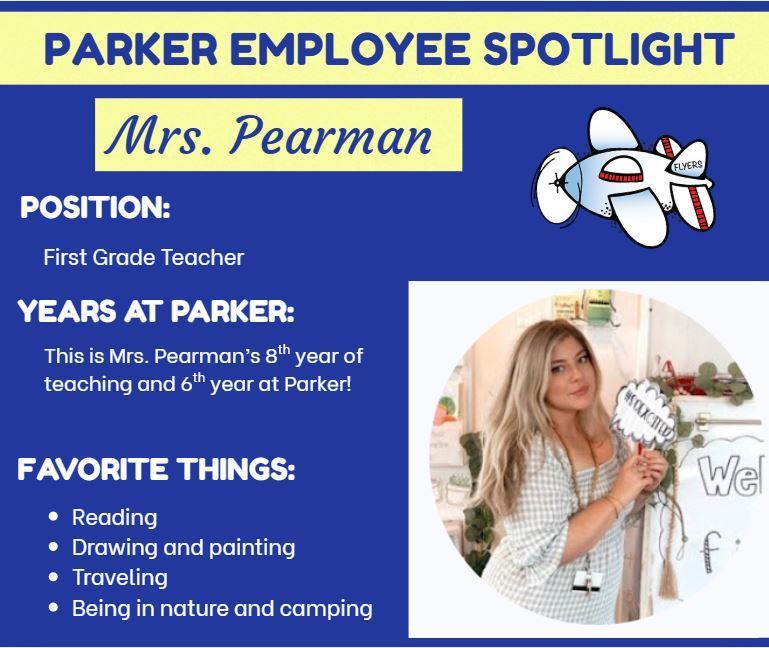 Yellow and blue colors with information about a teacher with a flyer plane as an image