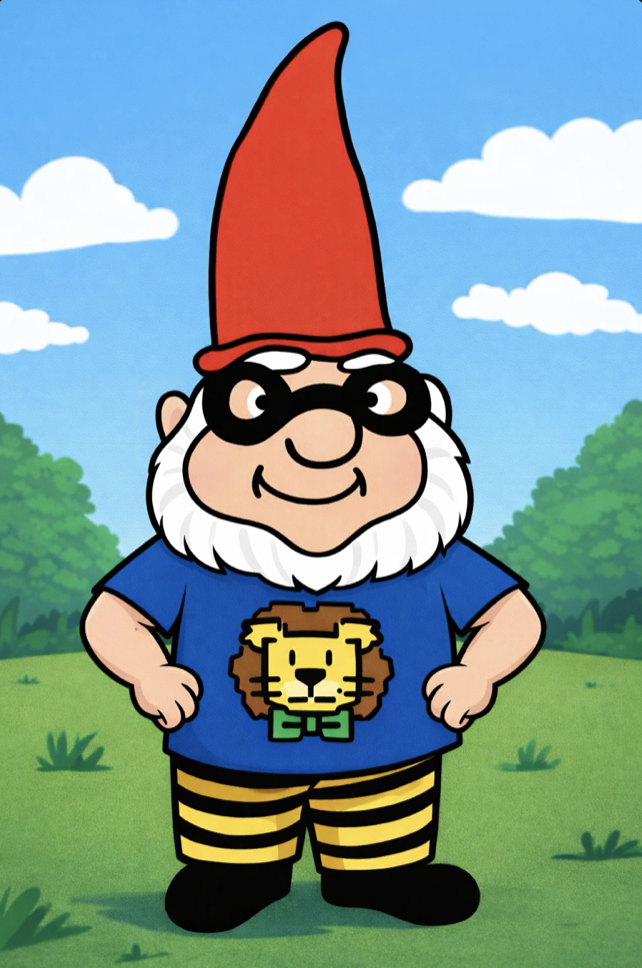 Photo of Dewey the gnome with his hands on his hips and a littlewood lion shirt on 