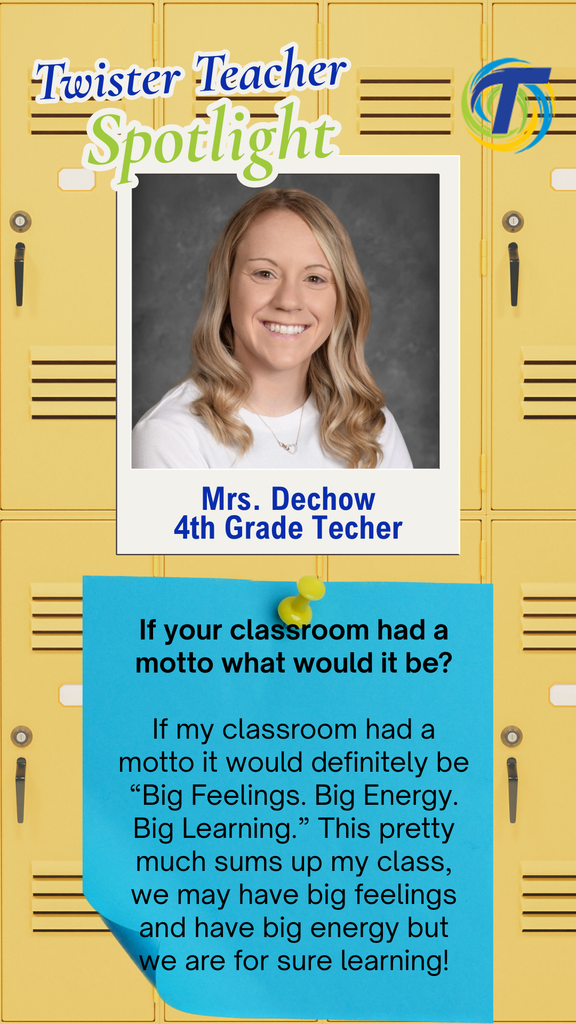 yellow lockers, blue post it note, and picture of teacher