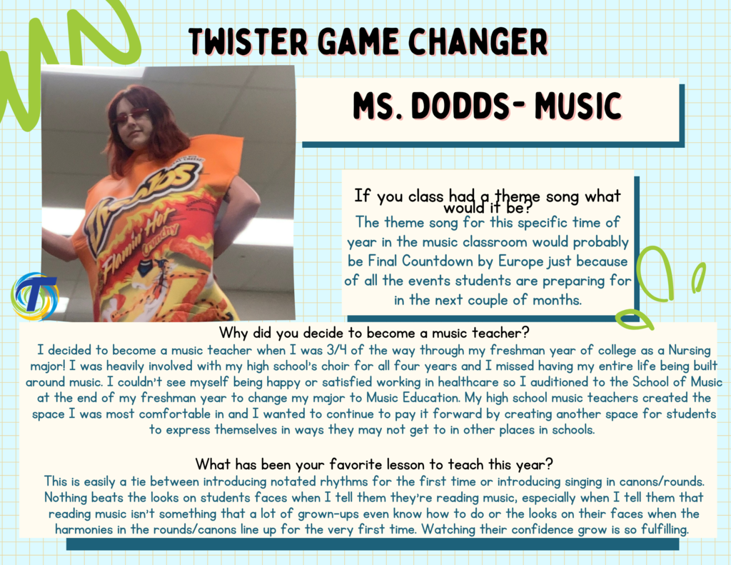 blue background and picture of teacher in a cheetos costume