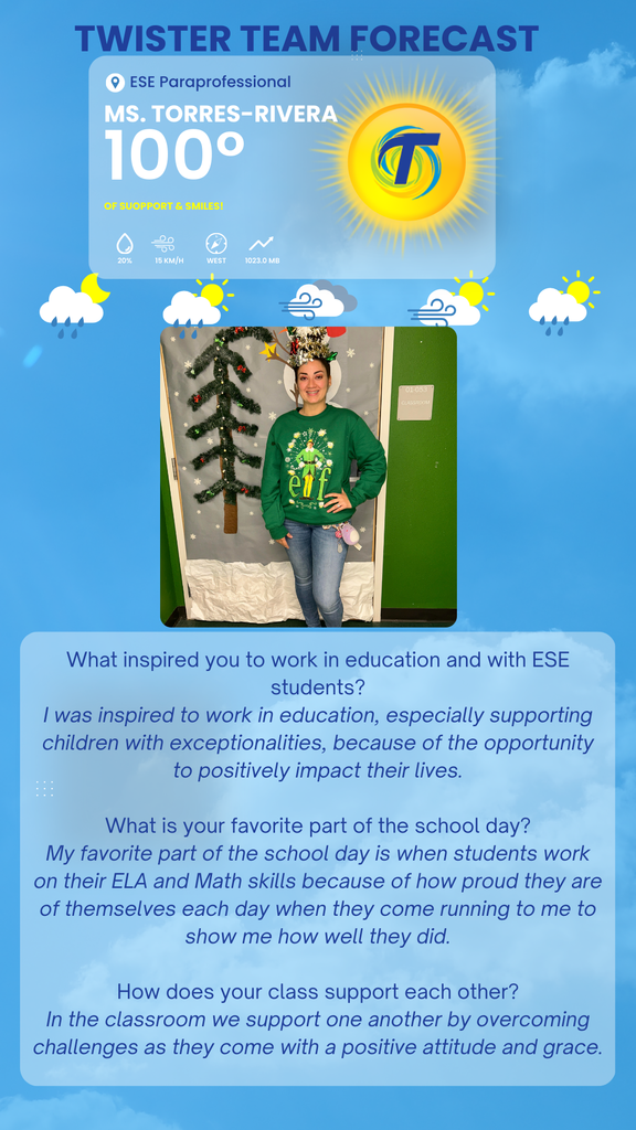 weather forecast background with picture of teacher in a green sweater