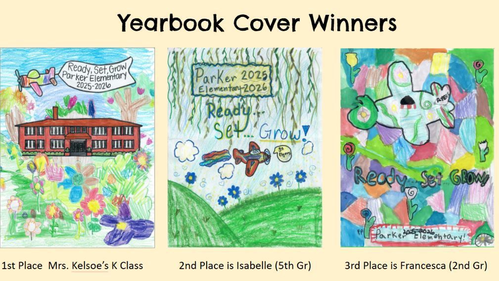 Yearbook covers and 3 winners for the yearbook. Flyers and flowers and spring like drawings
