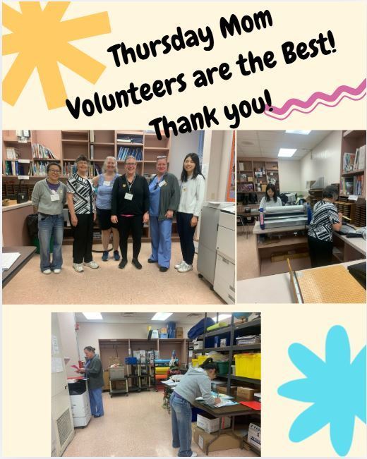 3 photos of our moms helping to copy and laminate for teachers. Message saying thank you