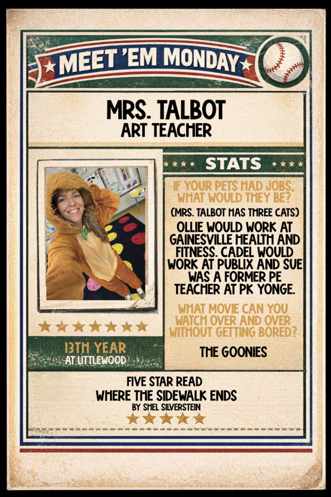 Baseball card with information about Mrs. Talbot on it 