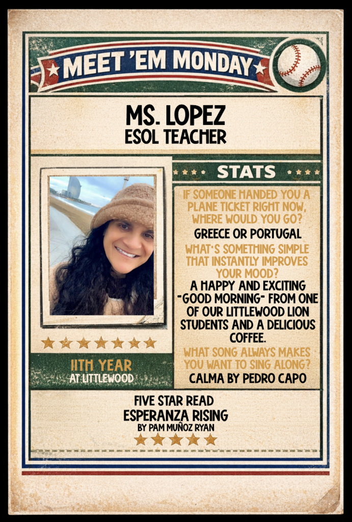 Baseball card with information about Ms. Lopez on it 