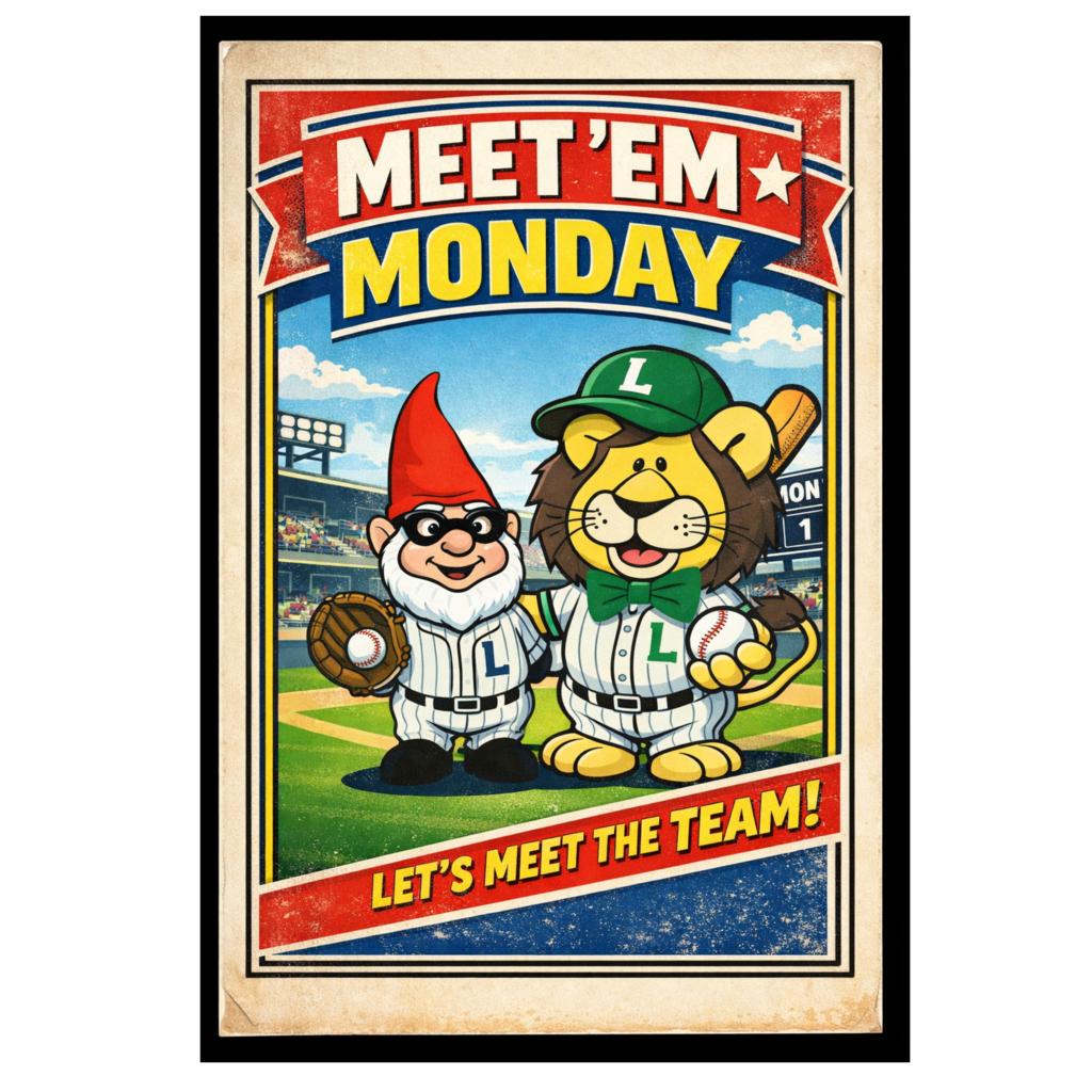 baseball card with Lionel the lion and Dewey the gnome in baseball uniforms
