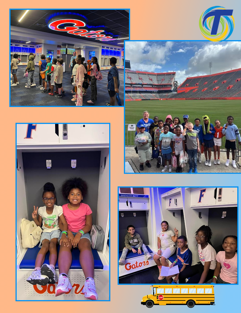collage of pictures of students touring a football stadium, orange and blue background