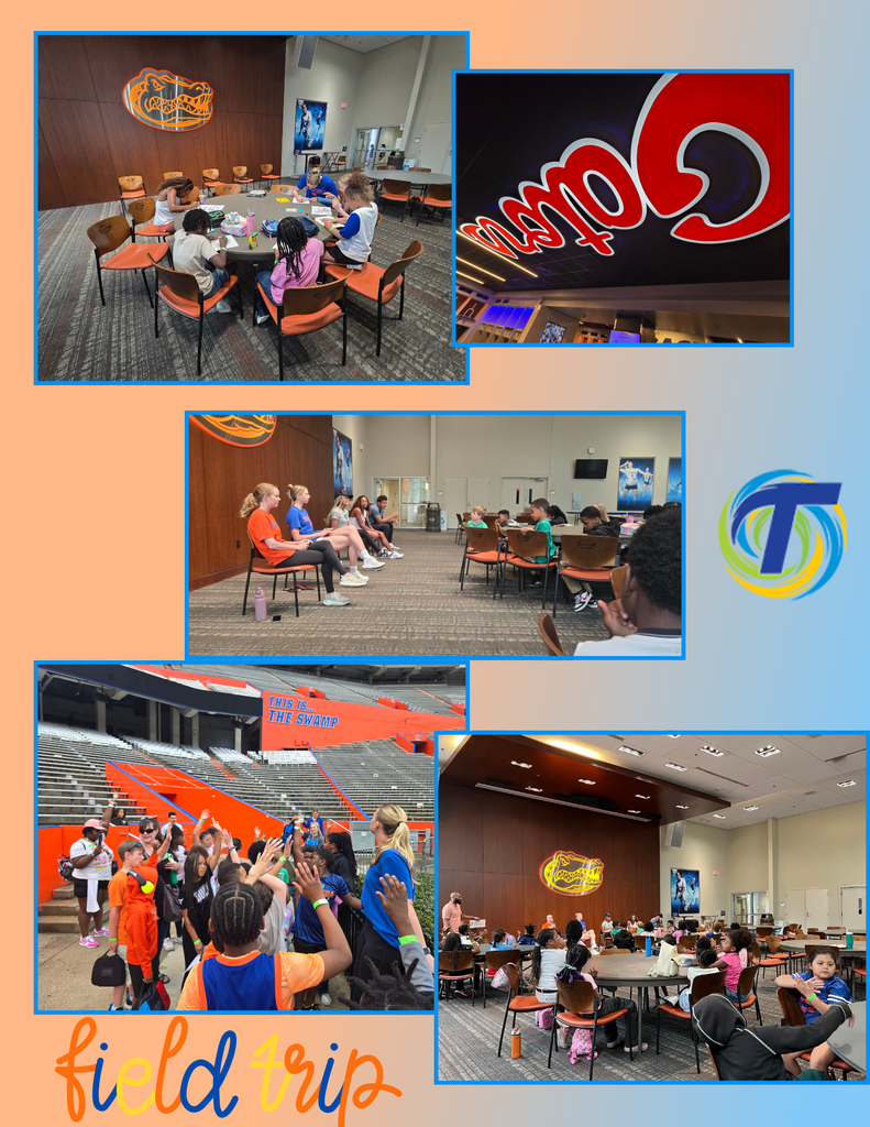 collage of pictures of students touring a football stadium, orange and blue background
