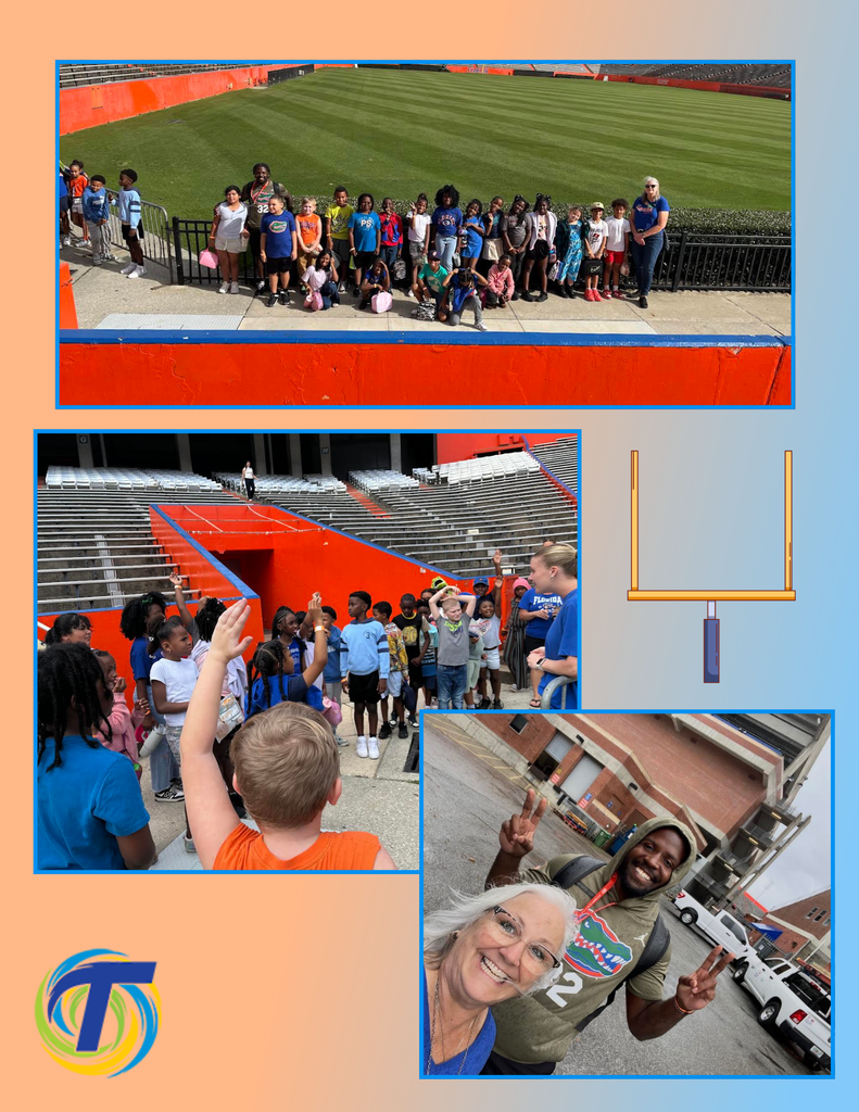collage of pictures of students touring a football stadium, orange and blue background