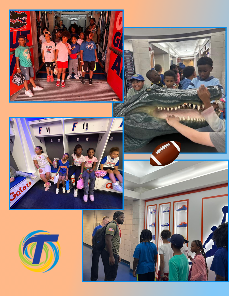 collage of pictures of students touring a football stadium, orange and blue background