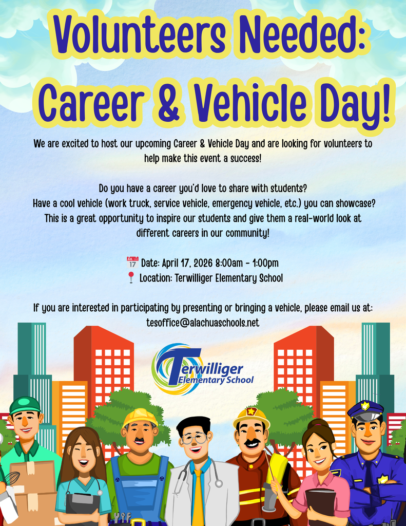 volunteers needed career day flyer with cartoons of different jobs at the bottom