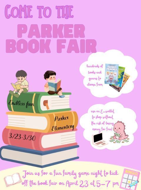 Book Fair promotion by student in 5th grade.  Pictures of books, and readers