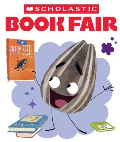 Bad seed character with books text promoting the book fair