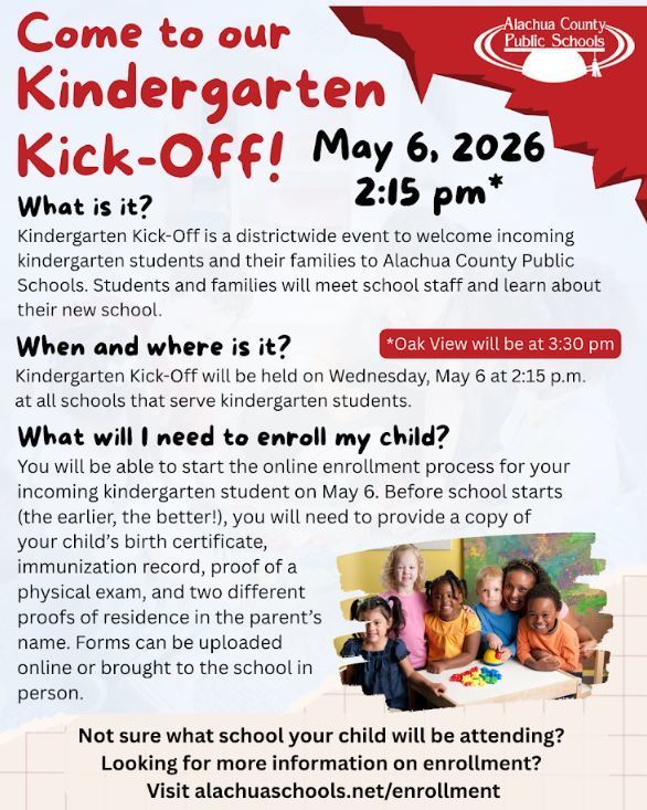 Flyer with information and kindergarten students advertising Kindergarten Kick off